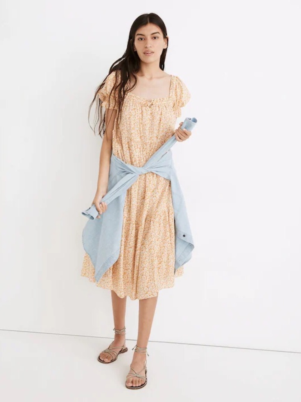 Square-Neck Tiered Midi Dress in Sunflower Field | Large